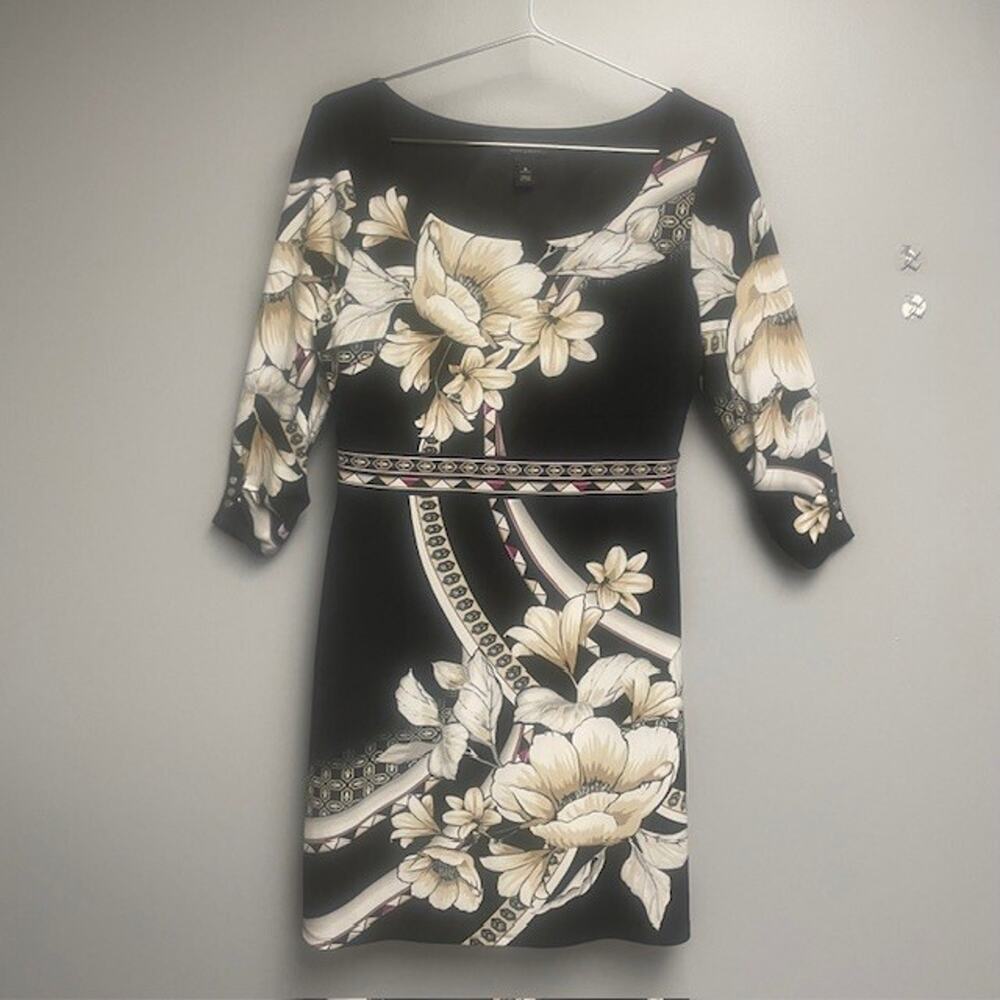 White House Black Market Floral Black Tan- w/Fuchsia Accent Women's Dress-Size M